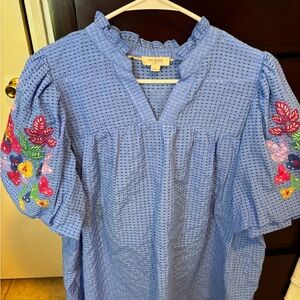 Umgee Light Blue Eyelet Tunic with Floral Embroidered Sleeves